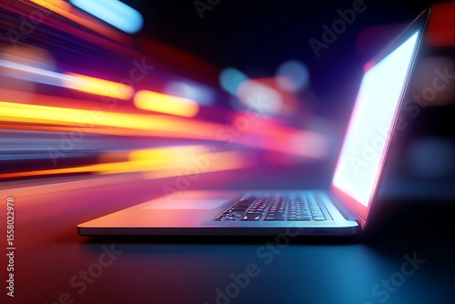 Laptop with glowing screen and motion blur creating a sense of speed and technology