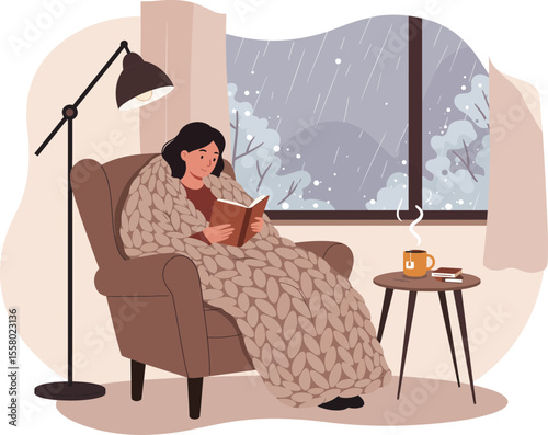 Cozy Hygge Moment: Reading by the Window on a Rainy Day
