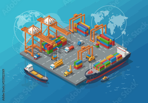 Isometric View of a Busy Port Terminal for Global Maritime Logistics