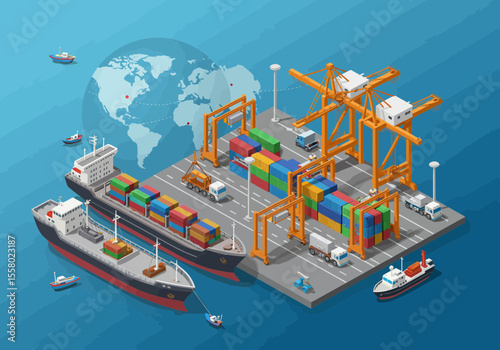 Isometric View of a Busy Port Terminal for Global Maritime Logistics