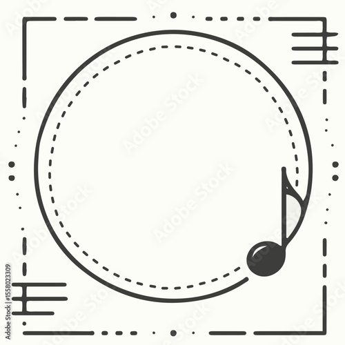 Circular music frame design with musical note and decorative lines  
