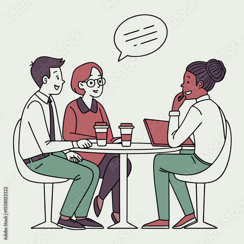 Three diverse businesspeople having a discussion while sitting at a coffee table with drinks, in a modern flat design style, with a light indoor background. Vector .