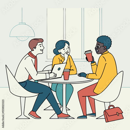 Three diverse businesspeople having a discussion while sitting at a coffee table with drinks, in a modern flat design style, with a light indoor background. Vector .