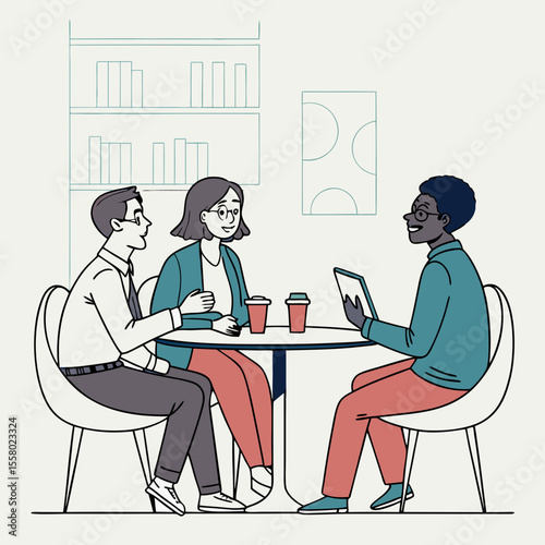 Three diverse businesspeople having a discussion while sitting at a coffee table with drinks, in a modern flat design style, with a light indoor background. Vector .