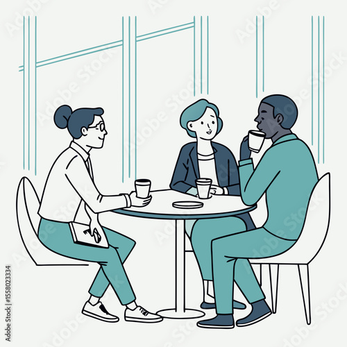 Three diverse businesspeople having a discussion while sitting at a coffee table with drinks, in a modern flat design style, with a light indoor background. Vector .