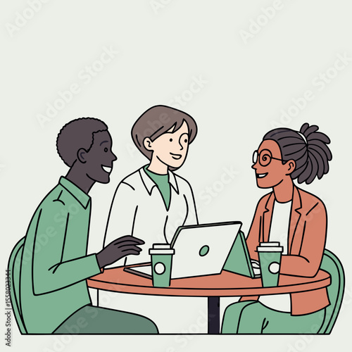 Three diverse businesspeople having a discussion while sitting at a coffee table with drinks, in a modern flat design style, with a light indoor background. Vector .