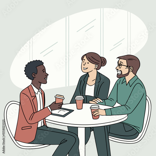 Three diverse businesspeople having a discussion while sitting at a coffee table with drinks, in a modern flat design style, with a light indoor background. Vector .