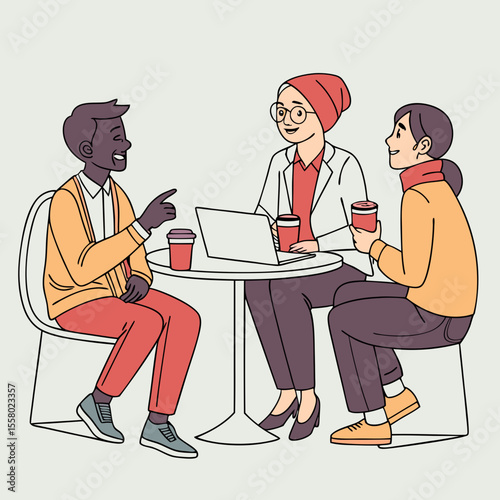 Three diverse businesspeople having a discussion while sitting at a coffee table with drinks, in a modern flat design style, with a light indoor background. Vector .