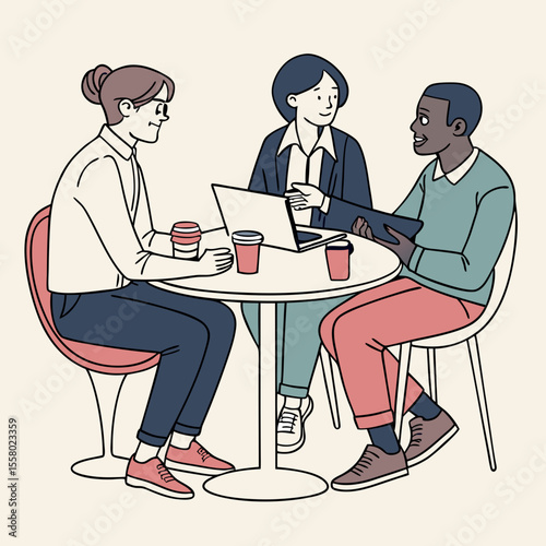 Three diverse businesspeople having a discussion while sitting at a coffee table with drinks, in a modern flat design style, with a light indoor background. Vector .
