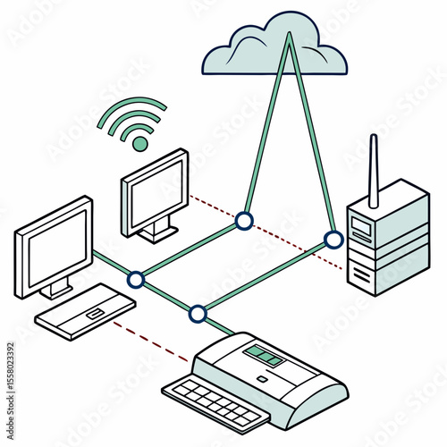 Wide Area Network diagram. Telecommunications network that connects groups of computers over large distances. Technology for business offices. Outline
