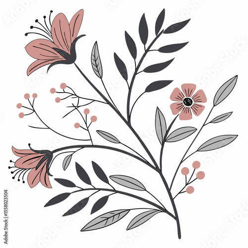 Retro floral ornament in naive style. Botanical decorative elements with silhouettes of leaves and flowers and organic shapes. Hand drawn doodle vector illustration collection isolated on .