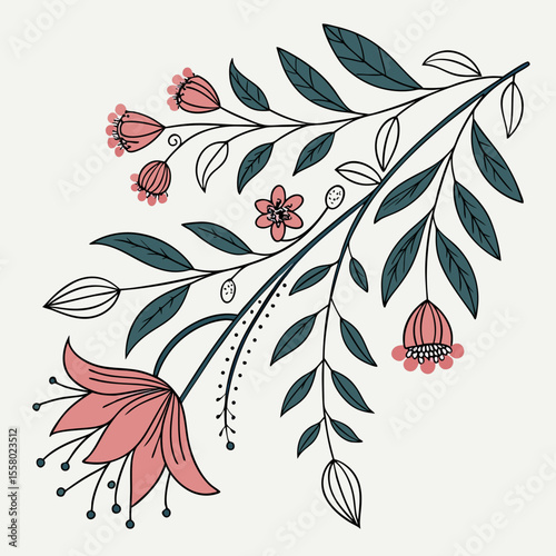 Retro floral ornament in naive style. Botanical decorative elements with silhouettes of leaves and flowers and organic shapes. Hand drawn doodle vector illustration collection isolated on .