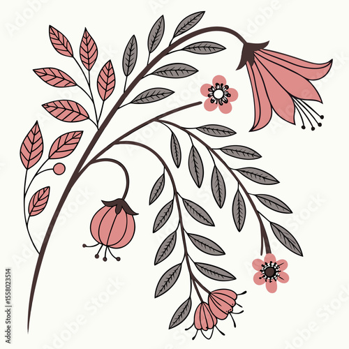 Retro floral ornament in naive style. Botanical decorative elements with silhouettes of leaves and flowers and organic shapes. Hand drawn doodle vector illustration collection isolated on .