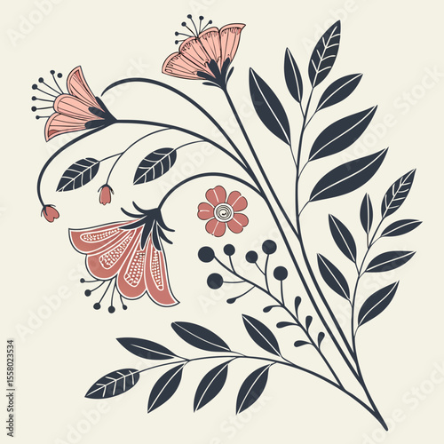 Retro floral ornament in naive style. Botanical decorative elements with silhouettes of leaves and flowers and organic shapes. Hand drawn doodle vector illustration collection isolated on .