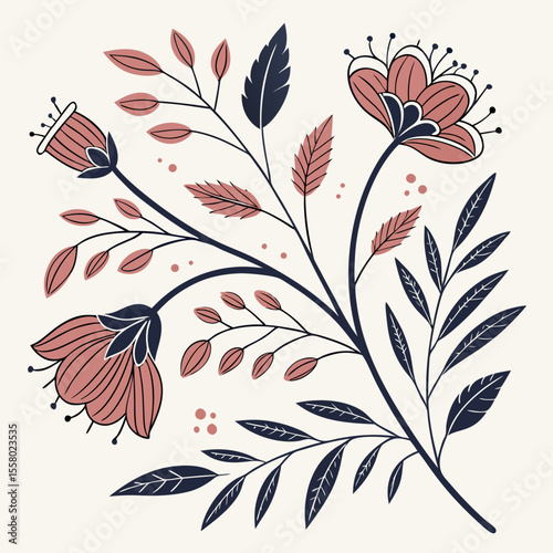 Retro floral ornament in naive style. Botanical decorative elements with silhouettes of leaves and flowers and organic shapes. Hand drawn doodle vector illustration collection isolated on .