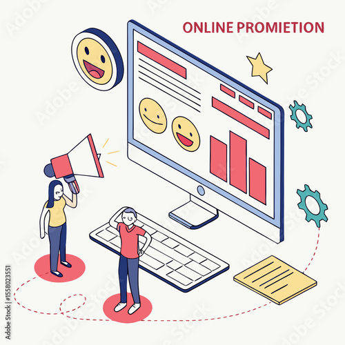 Digital Marketing banner. Landing page or website layout with computer, emoji, charts and diagrams. E commerce and online advertising. Internet promotion. 3D vector illustration in plasticine .