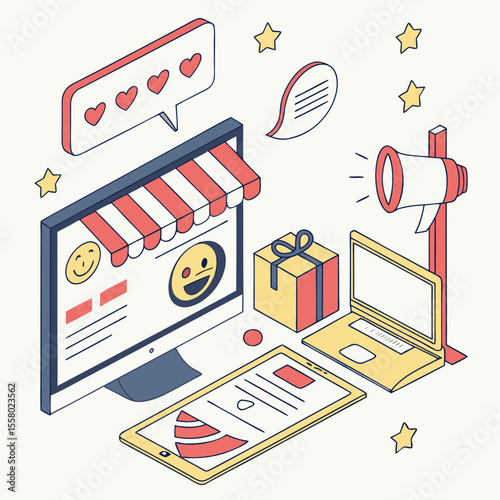 Digital Marketing banner. Landing page or website layout with computer, emoji, charts and diagrams. E commerce and online advertising. Internet promotion. 3D vector illustration in plasticine .