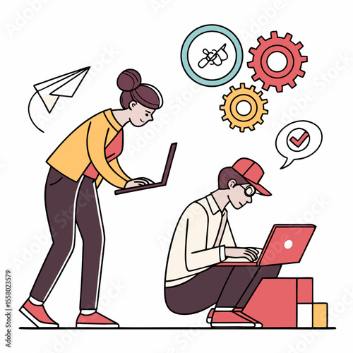 Set of web designers. Graphic designers come up with creative idea, develop app or website, and launch project. SEO, UX and UI. Cartoon vector illustration collection isolated on .