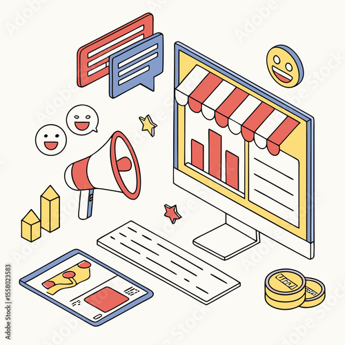 Digital Marketing banner. Landing page or website layout with computer, emoji, charts and diagrams. E commerce and online advertising. Internet promotion. 3D vector illustration in plasticine .