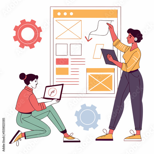 Set of web designers. Graphic designers come up with creative idea, develop app or website, and launch project. SEO, UX and UI. Cartoon vector illustration collection isolated on .