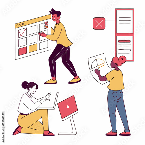 Set of web designers. Graphic designers come up with creative idea, develop app or website, and launch project. SEO, UX and UI. Cartoon vector illustration collection isolated on .