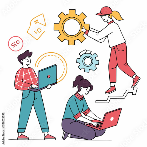 Set of web designers. Graphic designers come up with creative idea, develop app or website, and launch project. SEO, UX and UI. Cartoon vector illustration collection isolated on .