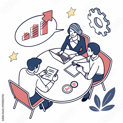Business Planning. Poster with office workers or entrepreneurs sitting at round table and discussing project at business conference or meeting. Developing Success Strategy. Flat vector .
