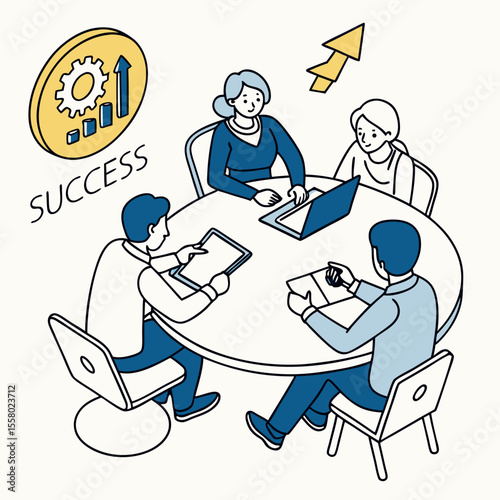 Business Planning. Poster with office workers or entrepreneurs sitting at round table and discussing project at business conference or meeting. Developing Success Strategy. Flat vector .