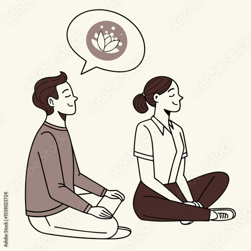 Deep breath and mindfulness. Man and woman sit in lotus position, meditate and take care of mental health. Calm and relaxed characters. Psychological stability. Flat vector illustration .