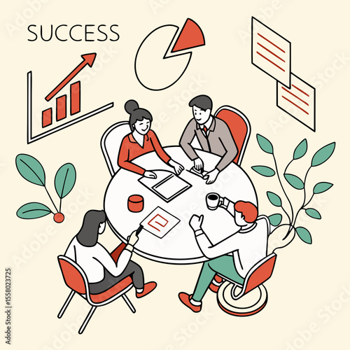 Business Planning. Poster with office workers or entrepreneurs sitting at round table and discussing project at business conference or meeting. Developing Success Strategy. Flat vector .