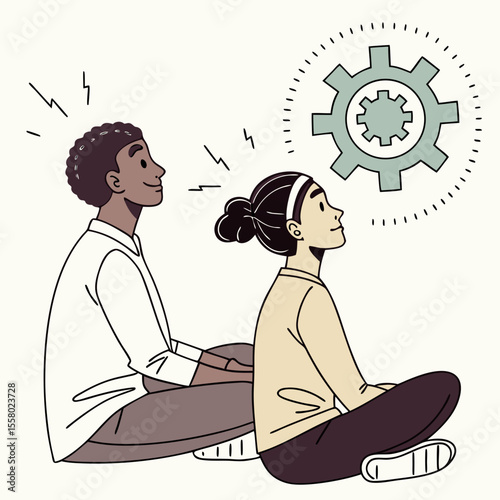 Deep breath and mindfulness. Man and woman sit in lotus position, meditate and take care of mental health. Calm and relaxed characters. Psychological stability. Flat vector illustration .