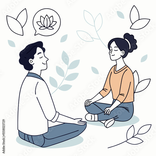 Deep breath and mindfulness. Man and woman sit in lotus position, meditate and take care of mental health. Calm and relaxed characters. Psychological stability. Flat vector illustration .