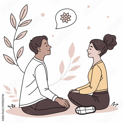 Deep breath and mindfulness. Man and woman sit in lotus position, meditate and take care of mental health. Calm and relaxed characters. Psychological stability. Flat vector illustration .