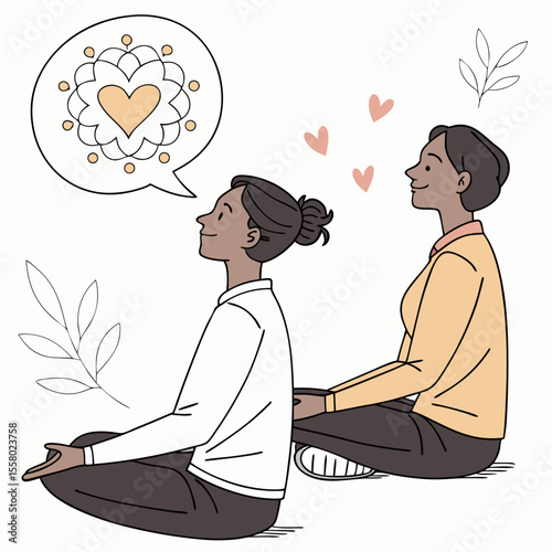 Deep breath and mindfulness. Man and woman sit in lotus position, meditate and take care of mental health. Calm and relaxed characters. Psychological stability. Flat vector illustration .