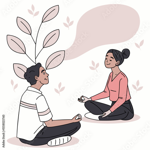 Deep breath and mindfulness. Man and woman sit in lotus position, meditate and take care of mental health. Calm and relaxed characters. Psychological stability. Flat vector illustration .