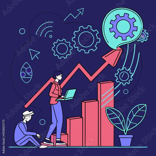 AI Strategy for Digital Marketing. Entrepreneur uses modern technologies, artificial intelligence and neural networks for business development and growth. Cartoon neon vector .