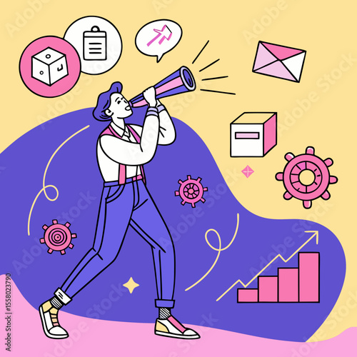 AI Strategy for Digital Marketing. Entrepreneur uses modern technologies, artificial intelligence and neural networks for business development and growth. Cartoon neon vector .