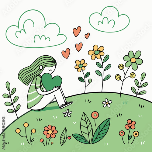 A girl with long hair sits on a green hill, hugging a green heart, surrounded by colorful flowers and plants, with soft clouds in the sky. Nature care .