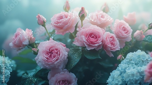 Pastel bouquet of roses, peonies, and hydrangeas in a rustic garden, dewdrops shimmering at dawn, soft fog rolling in, peaceful countryside backdrop. Created Using: telephoto lens, naturalistic style,