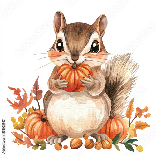 Adorable Watercolor Squirrel Holding Pumpkin Surrounded by Autumnal Foliage and Nuts