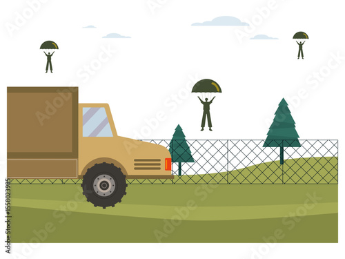 soldiers are landing from parachuting in the field with an army car for transport. War illustration. Flat vector illustration.