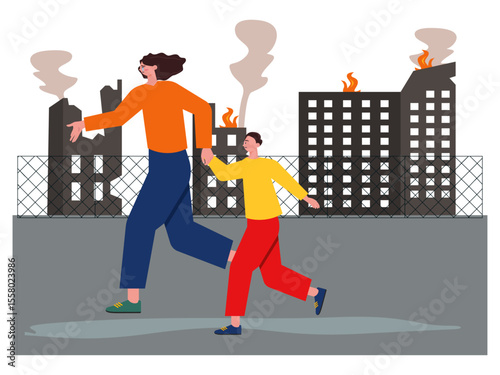 Mother with his son running from fire. War illustration. Flat vector illustration.