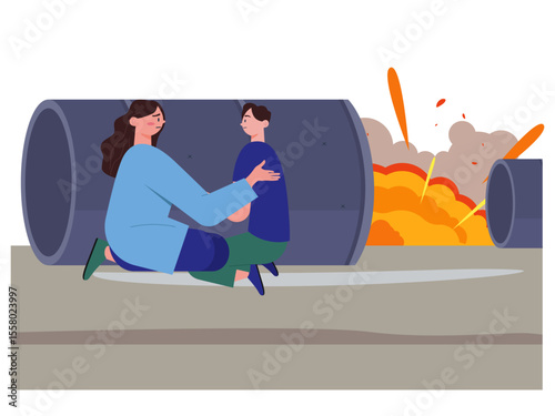 Mother and child are hiding behind a barrel during the war explosion. War illustration. Flat vector illustration.