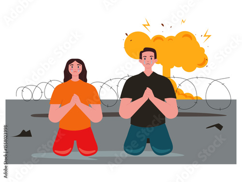 Men and women in the position begging to stop the war. War illustration. Flat vector illustration.