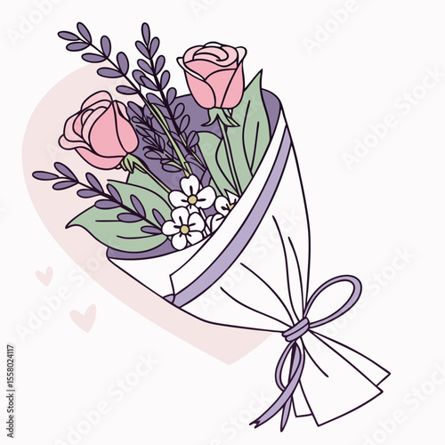 Elegant bouquet of pink roses, white flowers, and lavender in a lilac wrap with ribbon, flat style on a soft pink heart background. Concept of love and celebration. Vector .