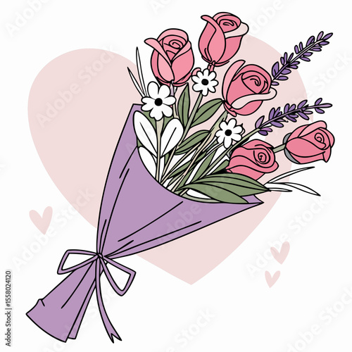 Elegant bouquet of pink roses, white flowers, and lavender in a lilac wrap with ribbon, flat style on a soft pink heart background. Concept of love and celebration. Vector .