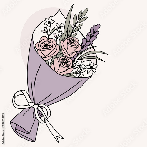 Elegant bouquet of pink roses, white flowers, and lavender in a lilac wrap with ribbon, flat style on a soft pink heart background. Concept of love and celebration. Vector .