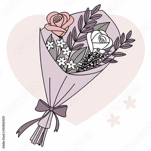Elegant bouquet of pink roses, white flowers, and lavender in a lilac wrap with ribbon, flat style on a soft pink heart background. Concept of love and celebration. Vector .