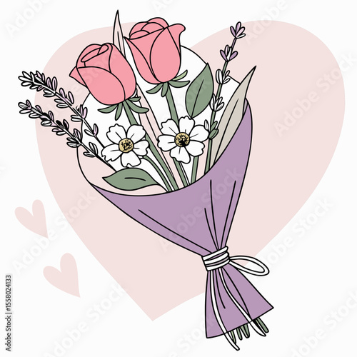 Elegant bouquet of pink roses, white flowers, and lavender in a lilac wrap with ribbon, flat style on a soft pink heart background. Concept of love and celebration. Vector .