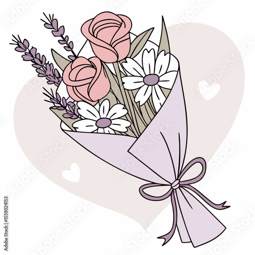 Elegant bouquet of pink roses, white flowers, and lavender in a lilac wrap with ribbon, flat style on a soft pink heart background. Concept of love and celebration. Vector .